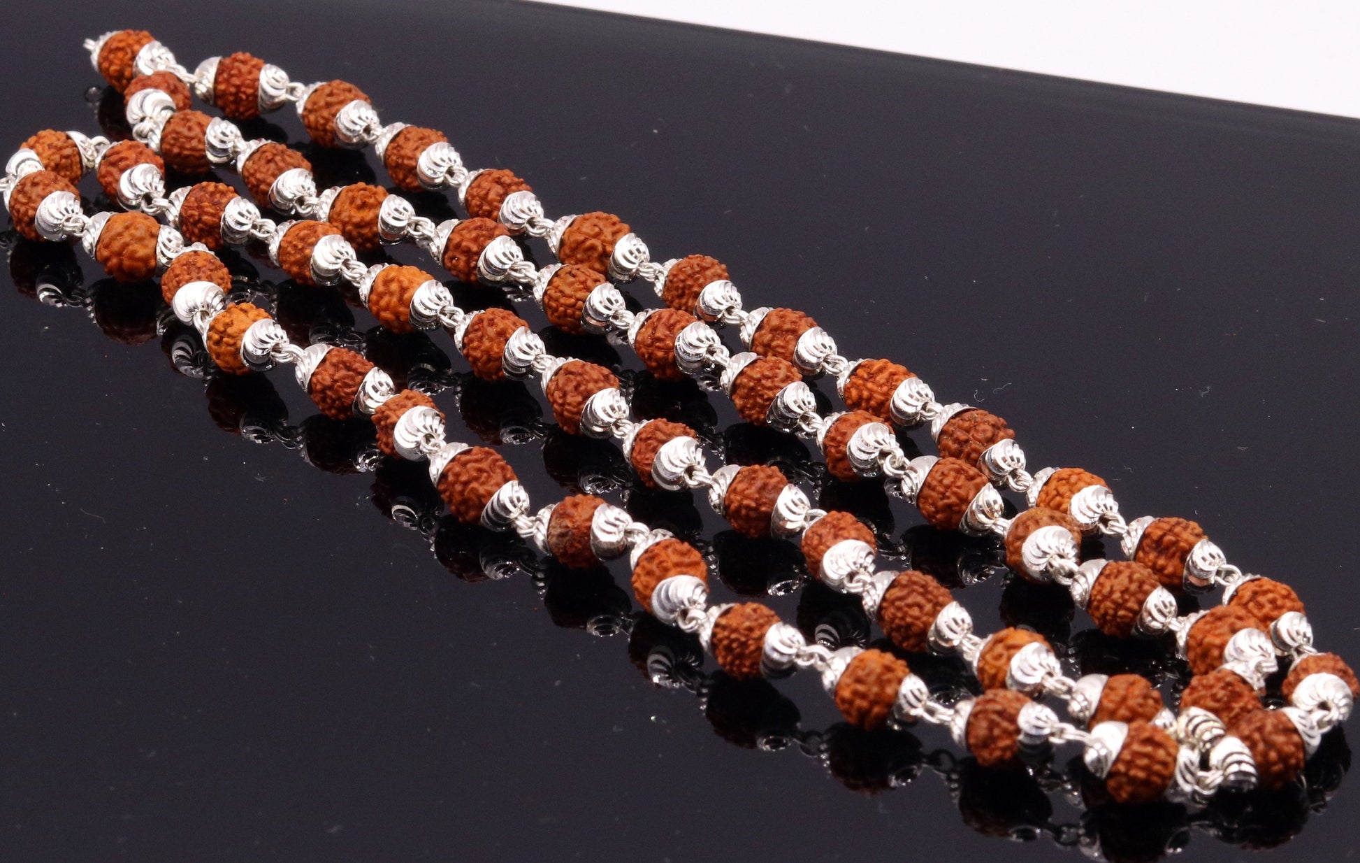 Handmade silver caps natural rudraksha bead chain necklace fabulous unisex silver jewelry awesome design - TRIBAL ORNAMENTS