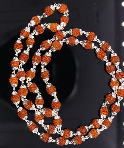 Handmade silver chain necklace with natural rudraksha bead caps, unisex tribal silver jewelry with intricate design by TRIBAL ORNAMENTS.