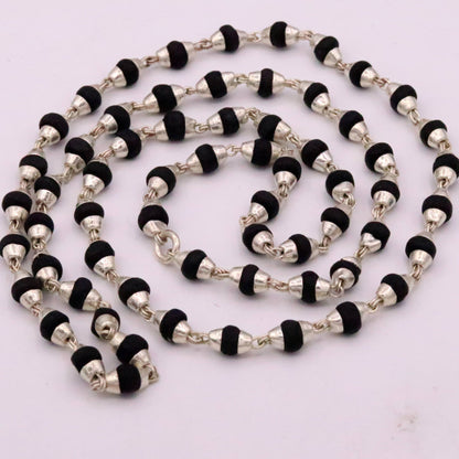 Handmade sterling silver black basil rosary necklace with wood beads, unisex meditation chain from India by Tribal Ornaments.