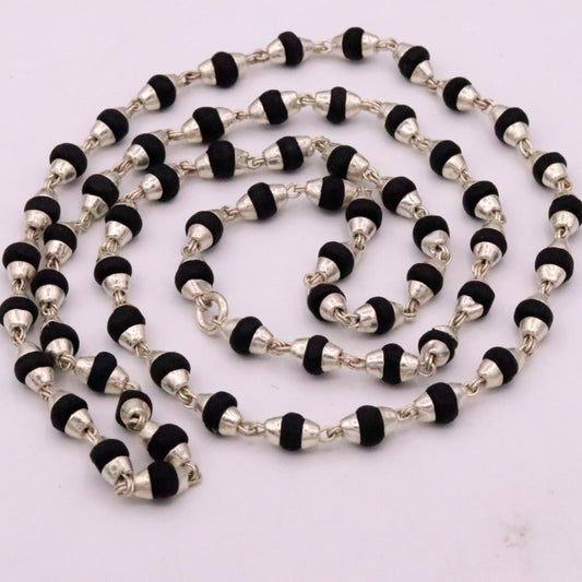 Handmade Sterling silver black basil rosary wood beads chain necklace for meditation excellent unisex tulsimala from india ch40 - TRIBAL ORNAMENTS