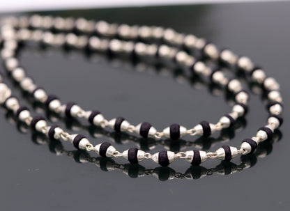Handmade sterling silver black basil rosary necklace with wood beads, unisex Tulsimala chain for meditation from India.