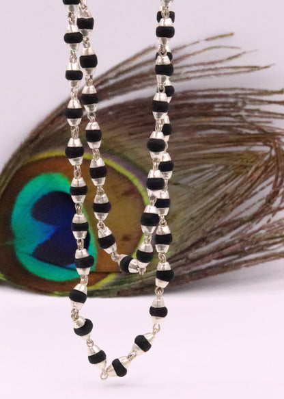Handmade sterling silver black basil rosary necklace with wood beads, unisex meditation chain, traditional Tulsimala from India