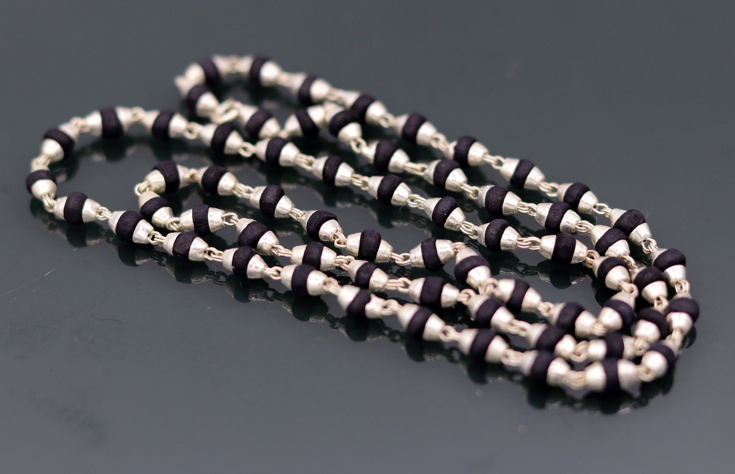 Handmade Sterling silver black basil rosary wood beads chain necklace for meditation excellent unisex tulsimala from india ch40 - TRIBAL ORNAMENTS