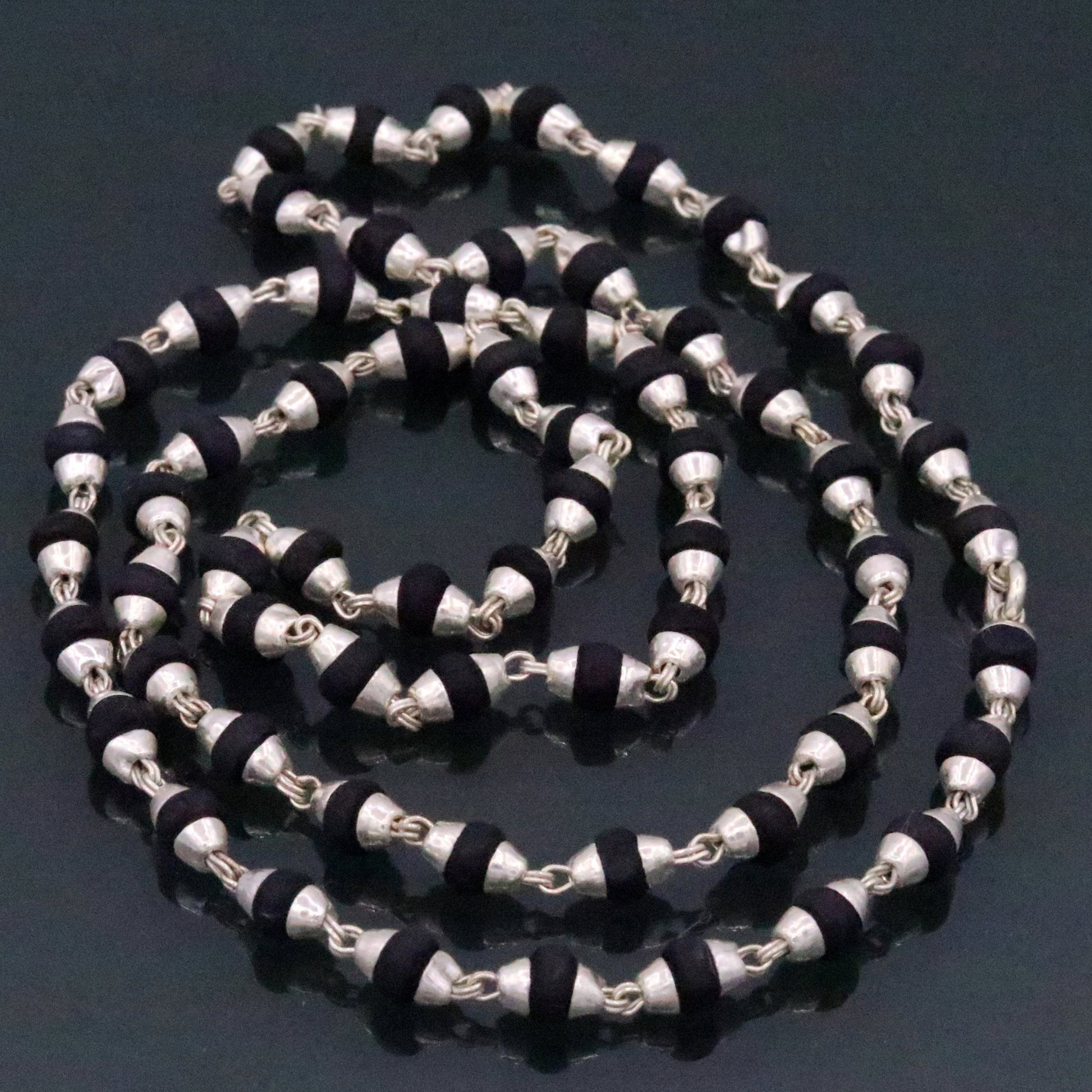 Handmade Sterling silver black basil rosary wood beads chain necklace for meditation excellent unisex tulsimala from india ch40 - TRIBAL ORNAMENTS