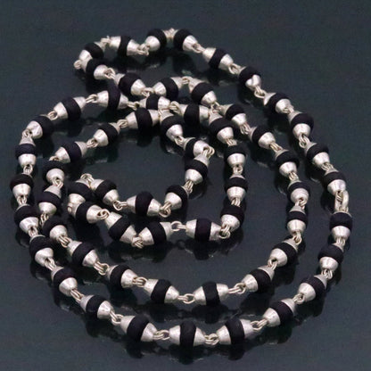 Handmade sterling silver black basil rosary chain necklace with wood beads, suitable for meditation, unisex Tulsimala from India.