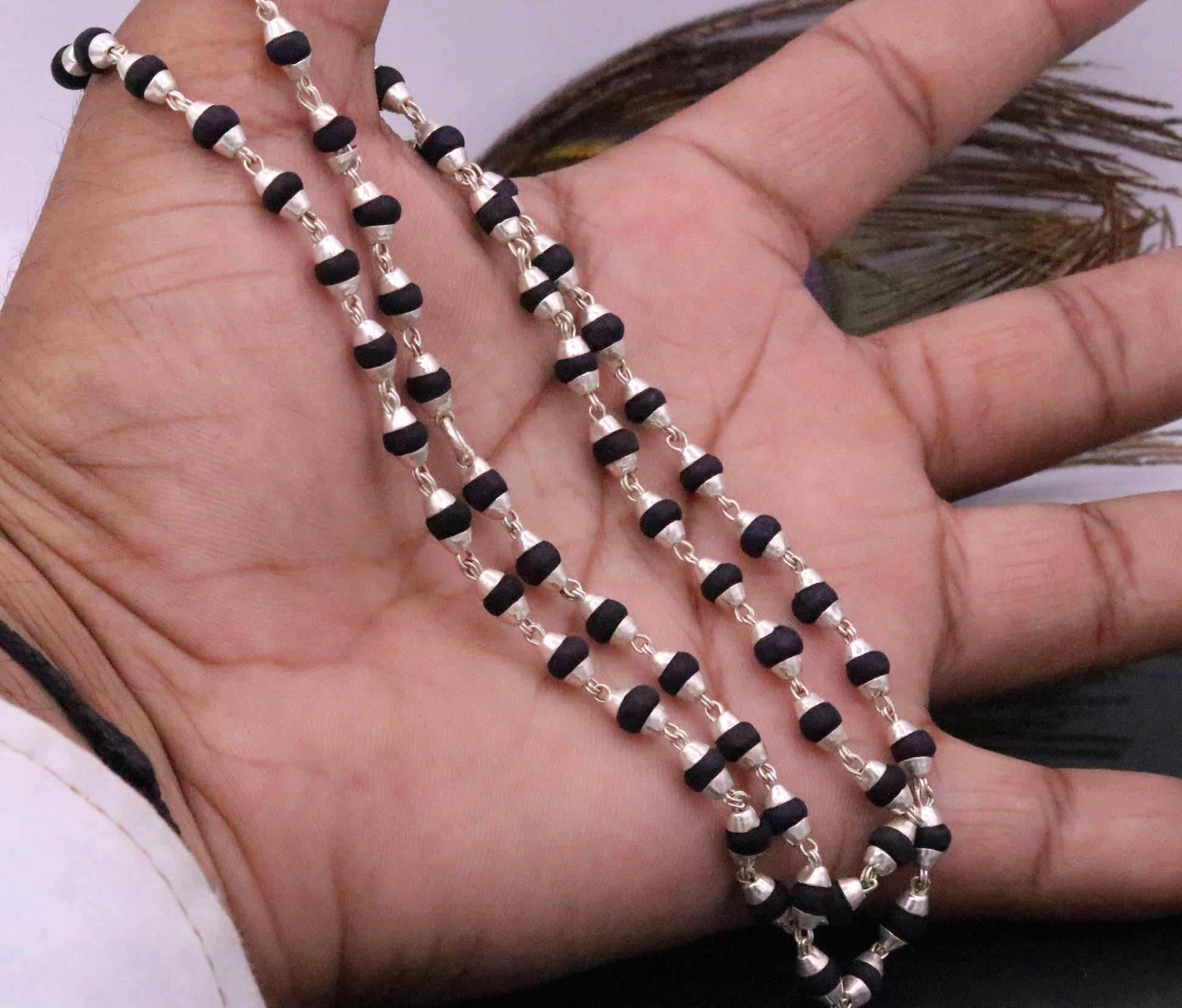 Handmade Sterling silver black basil rosary wood beads chain necklace for meditation excellent unisex tulsimala from india ch40 - TRIBAL ORNAMENTS
