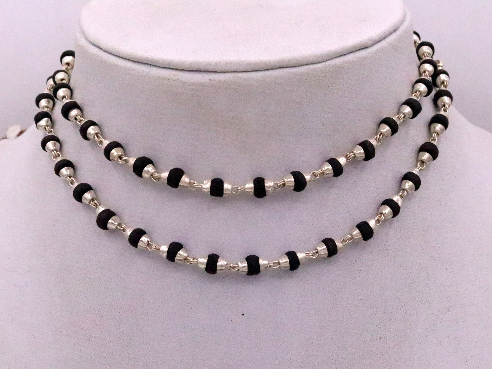 Handmade Sterling silver black basil rosary wood beads chain necklace for meditation excellent unisex tulsimala from india ch40 - TRIBAL ORNAMENTS