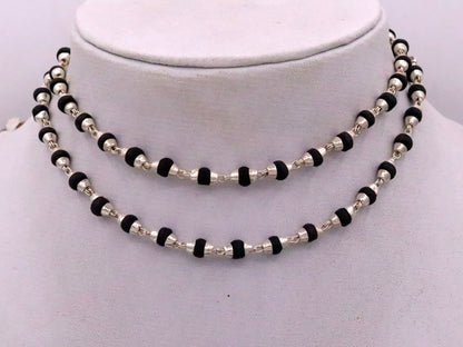 Handmade sterling silver black basil rosary chain necklace with wood beads for meditation, unisex Tulsimala from India.