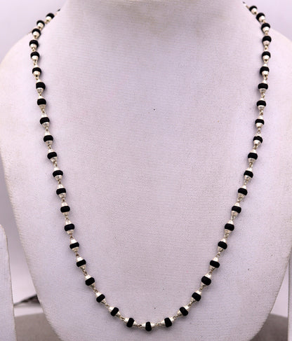 Sterling silver black basil rosary necklace with wood beads, unisex meditation chain, handmade Tulsimala from India.