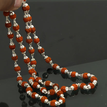 Handmade sterling silver Rudraksh beads japp mala necklace, 23 inches long with 54 beads, ideal for chanting and prayer.