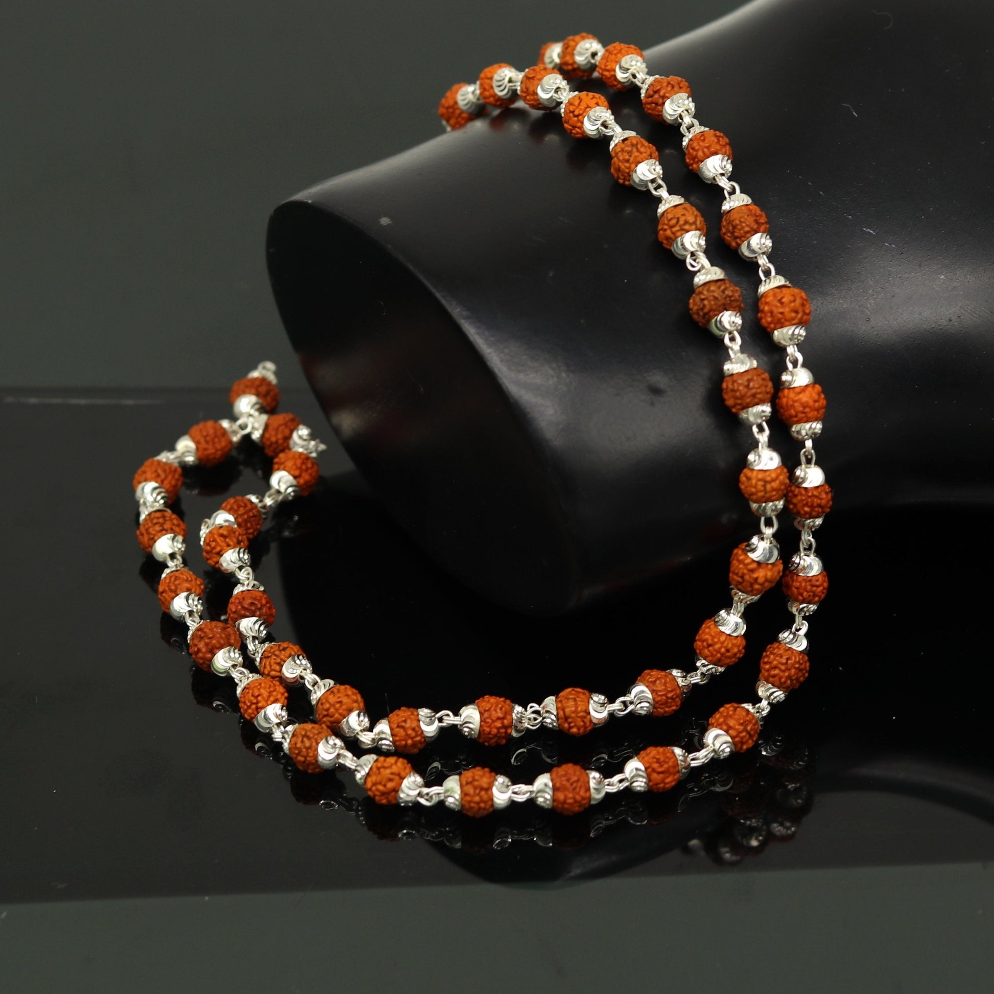 Handmade Sterling silver gorgeous natural Rudraksh beads 23" long 54 beads japp mala necklace chanting necklace praying mantra ch79 - TRIBAL ORNAMENTS