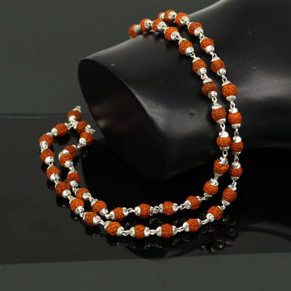 Sterling silver handmade Rudraksh beads japp mala necklace, 23-inch chanting prayer and mantra prayer necklace with 54 beads.