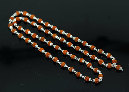 Handmade sterling silver Rudraksh mala necklace with 54 natural beads, 23-inch chanting and prayer japp mala from Tribal Ornaments.