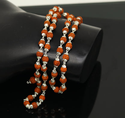 Handmade sterling silver Rudraksh beads japp mala necklace, 23 inches long with 54 beads, ideal for chanting and prayer rituals.