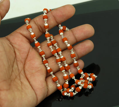 Handmade sterling silver Rudraksh beads japp mala necklace, 23 inches long with 54 natural beads for chanting and prayer.