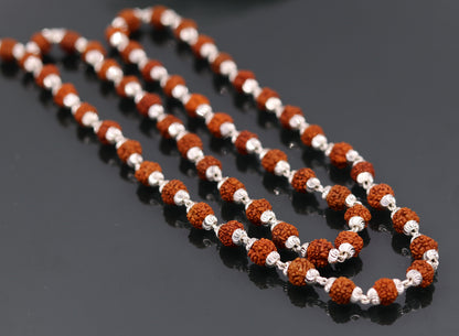 Handmade sterling silver Rudraksh beads japp mala necklace with 54 natural beads, 26-inch length, from Rajasthan, India.
