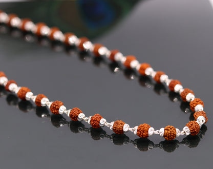 Handmade sterling silver Rudraksh beads japp mala necklace, 26 inches long with 54 natural beads from Rajasthan, India.
