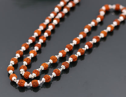 Handmade sterling silver Rudraksh beads japp mala necklace, 26 inches long with 54 natural beads from Rajasthan, India.