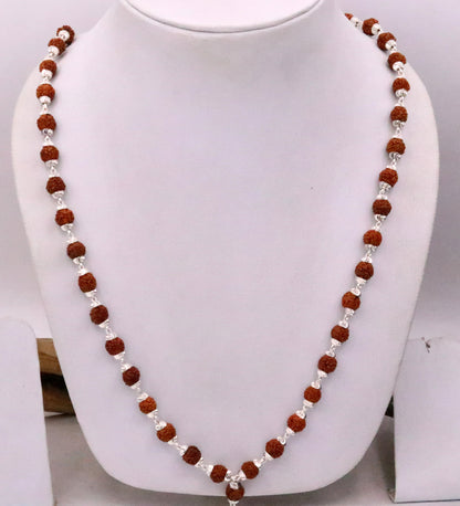 Handmade sterling silver Rudraksh beads japp mala necklace, 26 inches long with 54 natural beads, from Rajasthan, India.