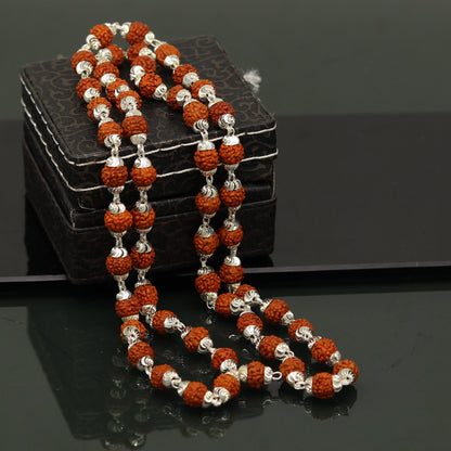 Handmade sterling silver Rudraksh beads japp mala necklace, 26 inches long with 54 beads, ideal for chanting and prayer rituals.