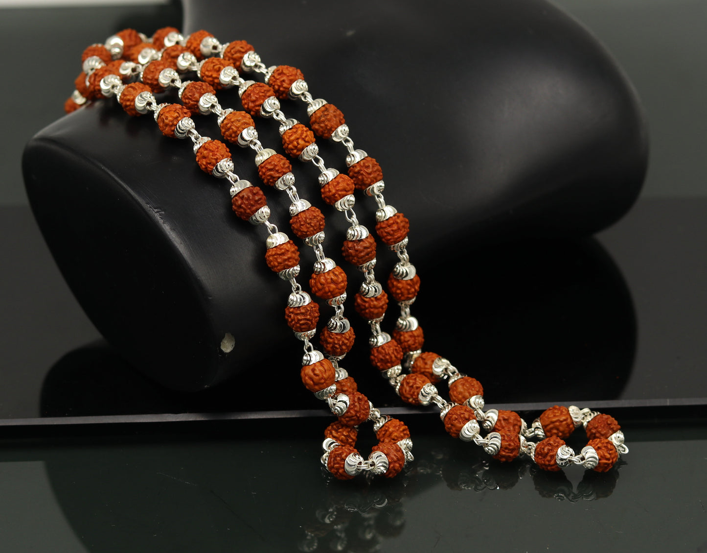 Handmade Sterling silver gorgeous natural Rudraksh beads 26" long 54 beads japp mala necklace chanting necklace praying mantra ch83 - TRIBAL ORNAMENTS