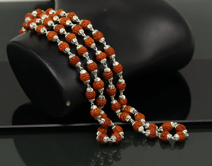 Handmade sterling silver Rudraksh beads japp mala necklace with 54 natural beads, 26 inches long, ideal for chanting and prayer rituals.