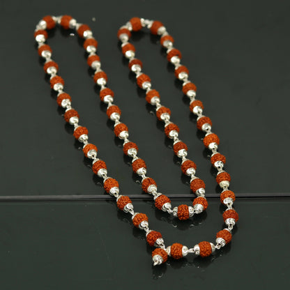 Handmade sterling silver Rudraksh beads japp mala necklace, 26 inches long with 54 beads, perfect for chanting and prayer.
