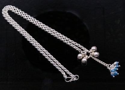 Handmade sterling silver rolo link chain charm necklace with fabulous hanging color beads and bells excellent tribal jewelry set91 - TRIBAL ORNAMENTS
