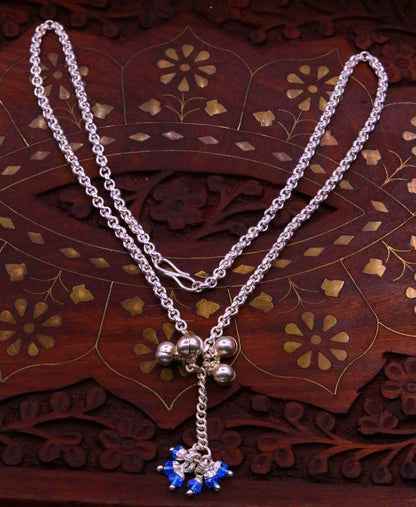 Handmade sterling silver rolo link chain charm necklace with fabulous hanging color beads and bells excellent tribal jewelry set91 - TRIBAL ORNAMENTS