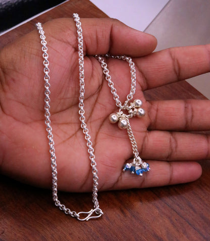 Handmade sterling silver rolo link chain charm necklace with fabulous hanging color beads and bells excellent tribal jewelry set91 - TRIBAL ORNAMENTS