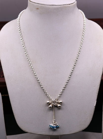 Handmade sterling silver rolo link chain charm necklace with fabulous hanging color beads and bells excellent tribal jewelry set91 - TRIBAL ORNAMENTS