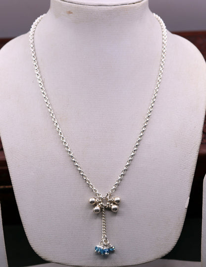 Handmade sterling silver rolo link chain charm necklace with fabulous hanging color beads and bells excellent tribal jewelry set91 - TRIBAL ORNAMENTS
