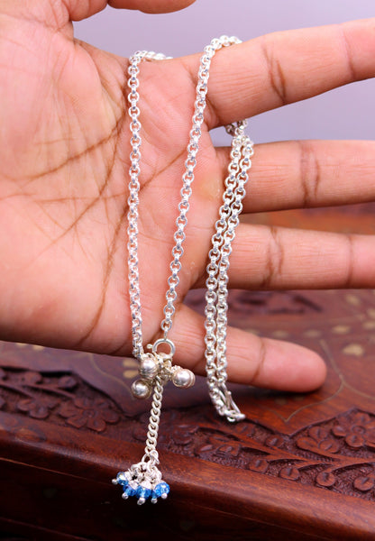 Handmade sterling silver rolo link chain charm necklace with fabulous hanging color beads and bells excellent tribal jewelry set91 - TRIBAL ORNAMENTS