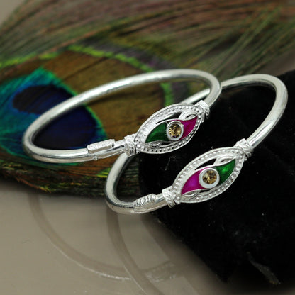 Handmade vintage silver baby bangle with colorful enamel design, unisex jewelry bracelet from Tribal Ornaments for kids.