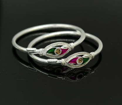 Handmade vintage silver baby bangle with colorful enamel design, unisex kids jewelry by TRIBAL ORNAMENTS, custom antique style bracelet.
