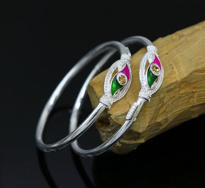 Handmade vintage silver baby bangle with colorful enamel design, unisex kids jewelry by TRIBAL ORNAMENTS.