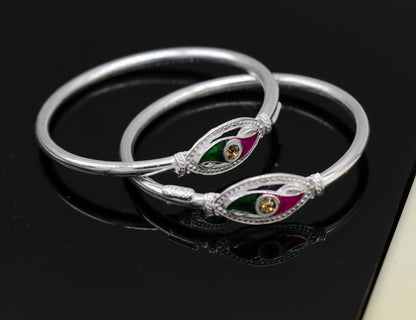 Handmade vintage silver baby bangle with colorful enamel design, unisex kids jewelry by TRIBAL ORNAMENTS.