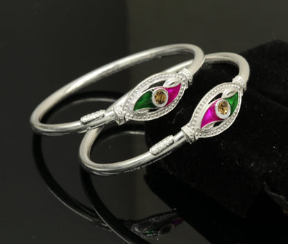 Handmade vintage silver baby bangle with colorful enamel design, unisex kids jewelry by Tribal Ornaments.
