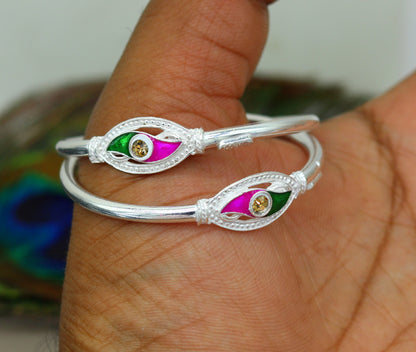 Handmade vintage silver baby bangle with colorful enamel design, unisex kids jewelry from Tribal Ornaments.