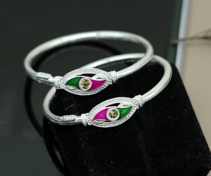 Vintage handmade silver baby bangle by Tribal Ornaments with colorful enamel design, unisex kids jewelry bracelet.