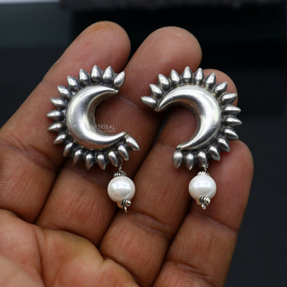 Handmade vintage 925 sterling silver half-moon stud earrings with hanging pearls, tribal-inspired jewelry by TRIBAL ORNAMENTS.