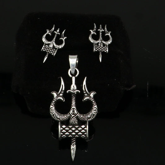 Idol lord Shiva trident damaru shape 925 sterling silver customized designer pendant with stud, gorgeous stylish best gifting pendant ssp359 - TRIBAL ORNAMENTS