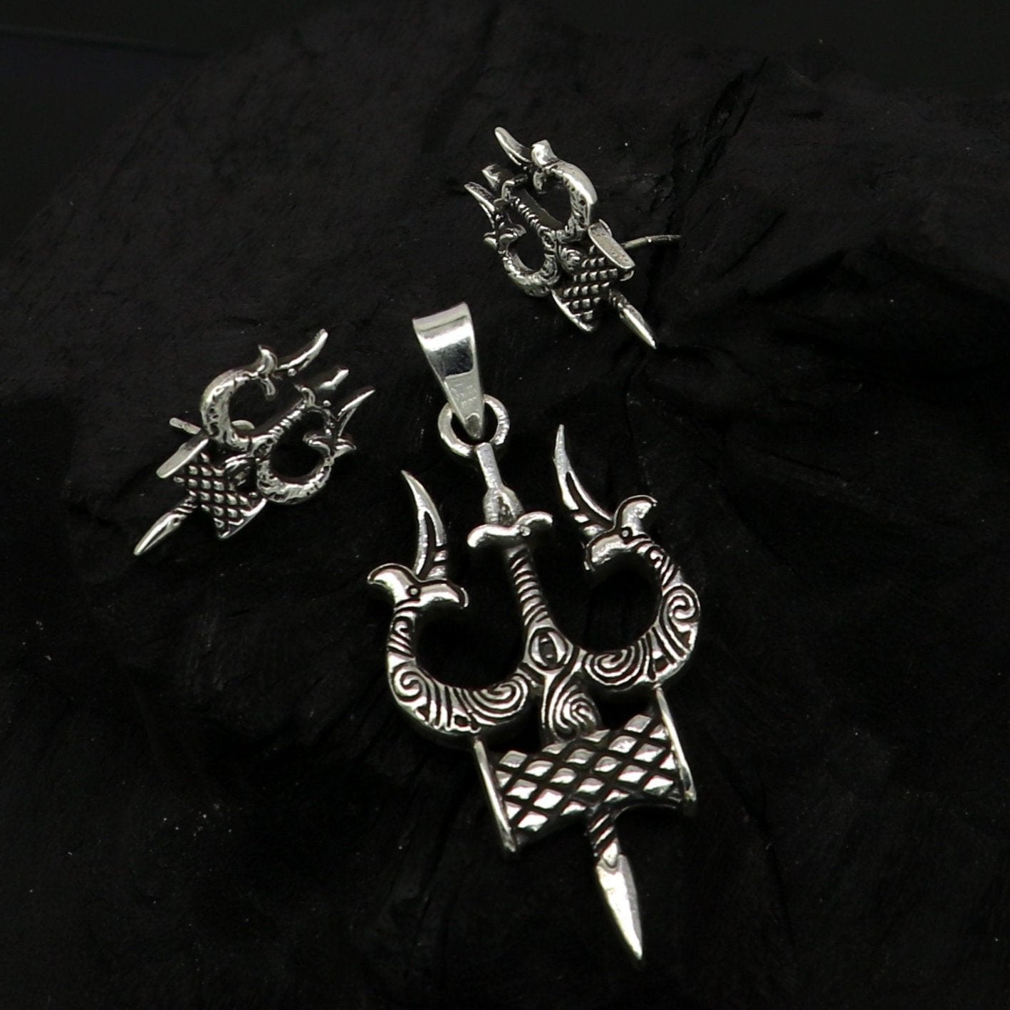 Idol lord Shiva trident damaru shape 925 sterling silver customized designer pendant with stud, gorgeous stylish best gifting pendant ssp359 - TRIBAL ORNAMENTS