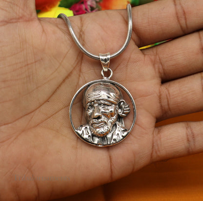Unisex 925 sterling silver Sai Baba pendant, handmade tribal jewelry with detailed idol design, personalized and stylish.