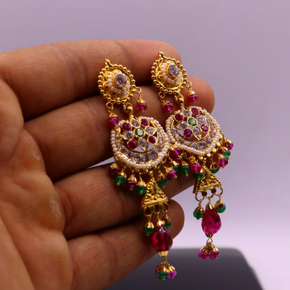 Indian handmade 22K yellow gold Punjabi Muslim style stud earrings with colorful stones, featuring elegant dangling design for women.