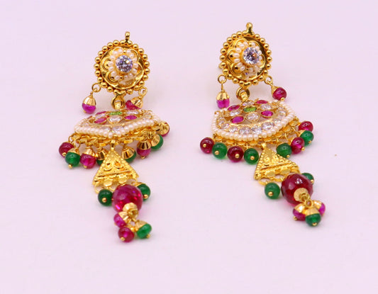 Indian handmade 22K yellow gold Punjabi Muslim style stud earrings with colorful stones, featuring dangling design and intricate craftsmanship.