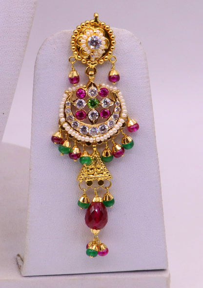 Indian handmade 22K yellow gold Punjabi Muslim style stud earrings with colorful stones, elegant dangle design, women's jewelry