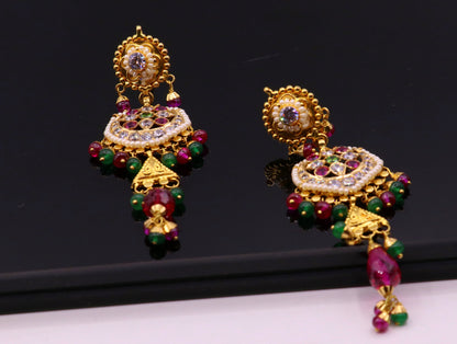Indian handmade 22K yellow gold Punjabi Muslim style stud earrings with colorful stones, elegant dangle design by TRIBAL ORNAMENTS.