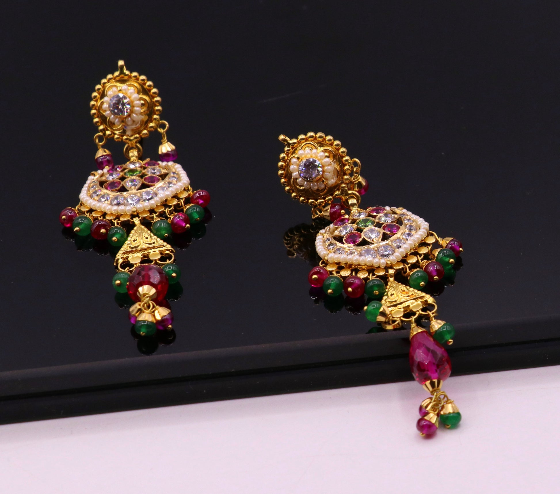 Indian authentic handmade 22karat yellow gold fabulous punjabi muslim style stud earrings dangling with fabulous color stone women's jewelry - TRIBAL ORNAMENTS