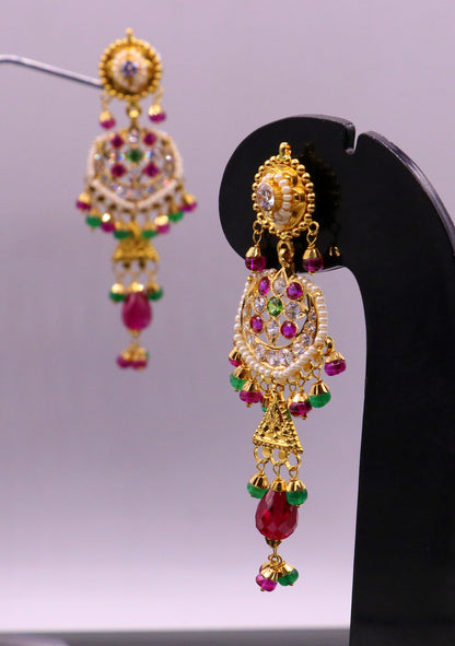 Indian handmade 22K yellow gold Punjabi Muslim style stud earrings with colorful stones, featuring elegant dangling design.